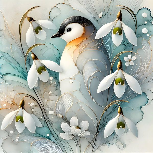 Observation de l'hiver - Art du pingouin et du perce-neige par Manuela Dekkers