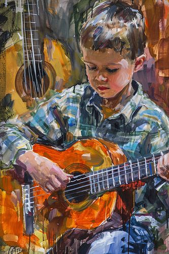 Jongen Speelt Op Kleurrijk Gitaar