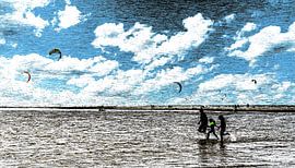 Woman and girls in wetsuits running on the beach by John Duurkoop