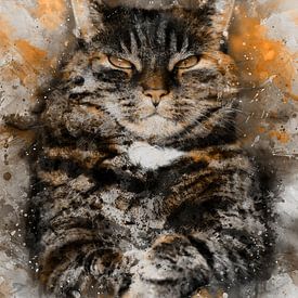 Skurrile Katze, Aquarell in Braun, Schwarz, Weiß und Kupferfarben von MadameRuiz