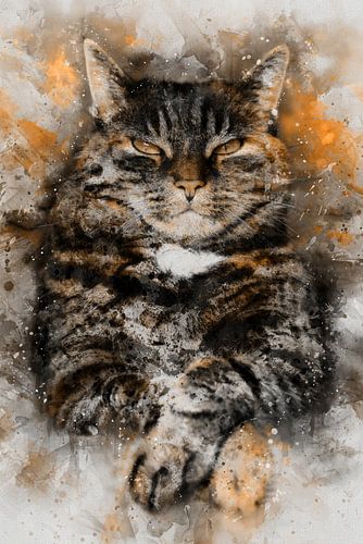 Eigenwijze kat, aquarel in bruin, zwart, wit en koperkleur