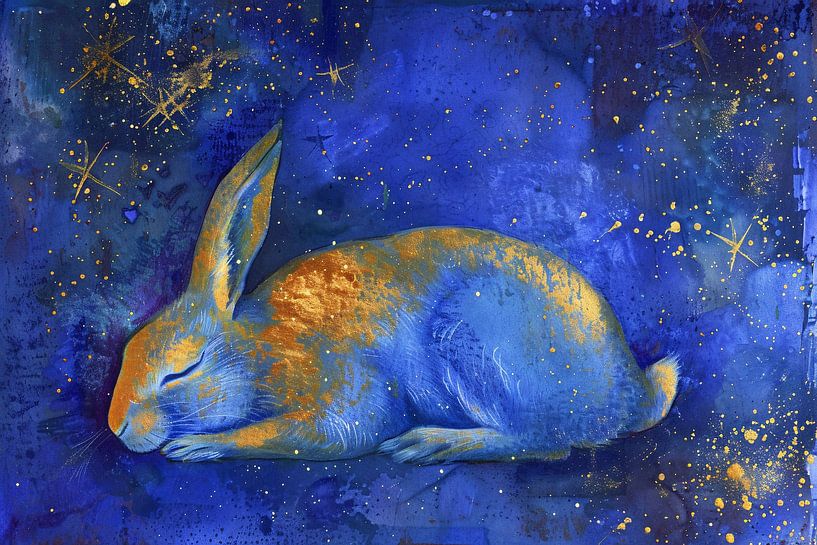 Peinture d'un lapin rêveur sous un ciel étoilé par Art & Soul Creations