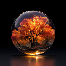 Arbre orange avec une lumière chatoyante dans une boule de verre sur TheXclusive Art