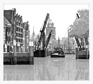 Dordrecht . Havengezicht . pentekening van Aad Trompert