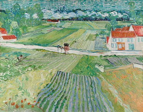 Landschap bij Auvers na regen (Landschap met koets en trein), Vincent van Gogh