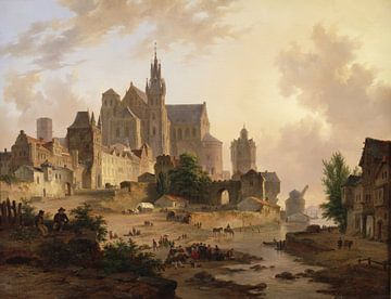 Cityscape on the Rhine, by setting Zon, Bartholomeus Johannes van Hove by Teylers Museum