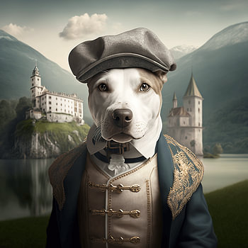 Hund aus früherer Zeit mit menschlicher Kleidung