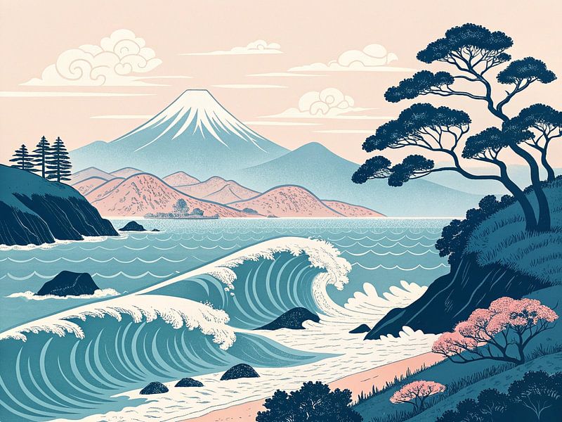 Un paysage japonais serein : Mont Fuji, vagues déferlantes et pins anciens dans un décor de rêve par Artistic