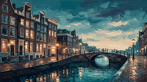 Amsterdamer Kanal in der Abenddämmerung – Brücke, Fahrräder und beleuchtete Fenster