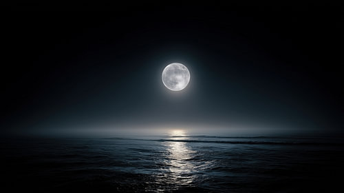 Volle maan boven mistige oceaan panorama