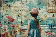 Collage, mixed media painting of a young girl dreaming of distant travels - 