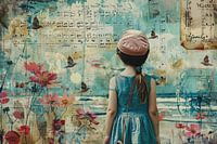 Collage, mixed media painting of a young girl dreaming of distant travels - 