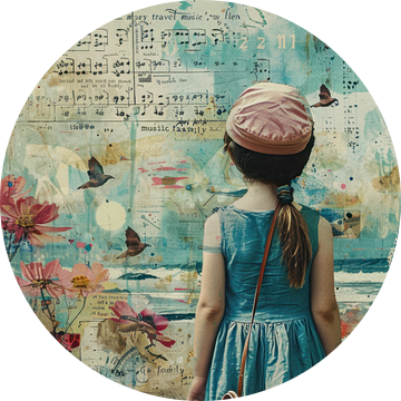 Collage, mixed media schilderij van een jong meisje dat droomt van verre reizen -  van Joriali Fine Art