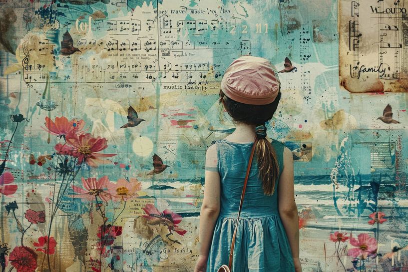 Collage, mixed media painting of a young girl dreaming of distant travels - 