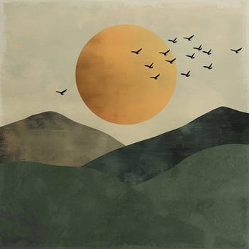 Groene zonsopgang met vogels - Minimalistische landschapskunst