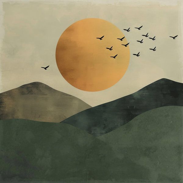 Grüner Sonnenaufgang mit Vögeln – Minimalistische Landschaftskunst von Poster Art Shop