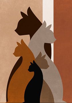Bohemian tekening, 5 katten op een rij. van Bianca van Dijk