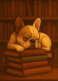 Bouledogue endormi dans une bibliothèque