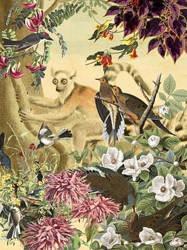 Ring tailed lemur behind birds and flowers by Jadzia Klimkiewicz