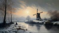 Dutch winter landscape painting with windmill