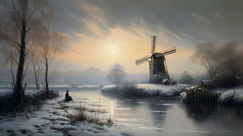 Hollands winterlandschap schilderij met molen van Preet Lambon
