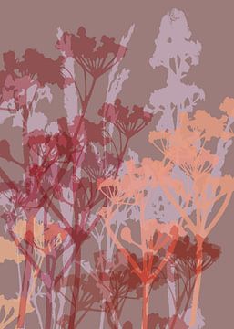 Abstrakte botanische Kunst. Blumen in warmem Braun, Koralle und Flieder von Dina Dankers