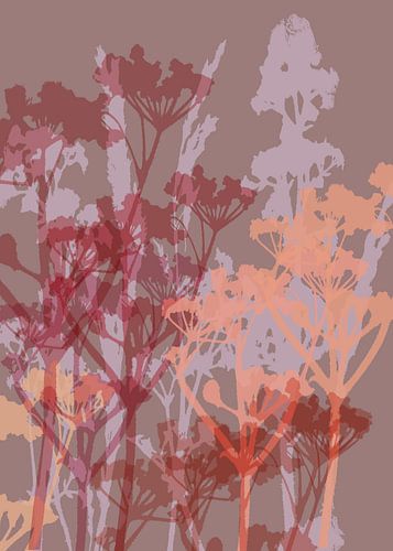 Abstracte botanische kunst. Bloemen in warm bruin, koraal en lila