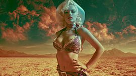 Cloudy sky, Retro-Surrealism: woman in a landscape