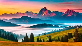Zonsondergang met mist en landschap
