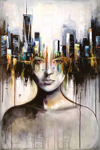 Surrealistisch portret met stadslandschap
