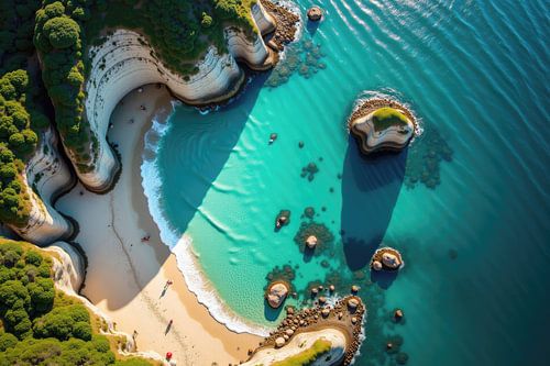 Cathedral cove beach is surrounded by turquoise water and white 