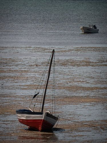boat on beach by retreating sea