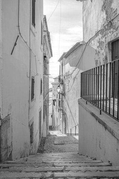 Photo en noir et blanc d'une ruelle avec des escaliers à Alfama, Lisbonne, Portugal par Christa Stroo photography