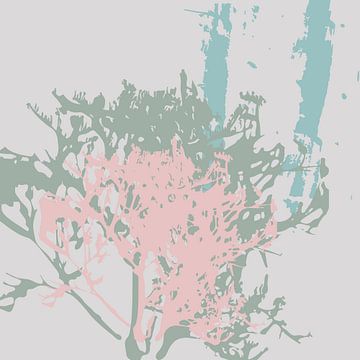 Roze, salie, blauw, grijze bladeren. Zachte en tedere botanische kunst in pasteltinten. van Dina Dankers