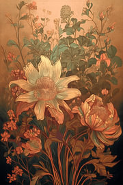 An atmospheric botanical painting in warm, golden autumn colours by Studio Pieternel