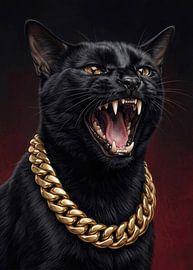 Brüllende schwarze Katze mit goldener Kette – Urban Animal Art