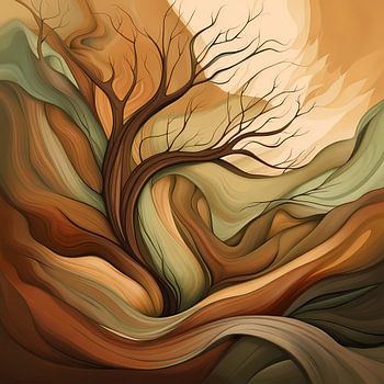 Organic Waves and Abstract Tree – Warm Earth Tones Art