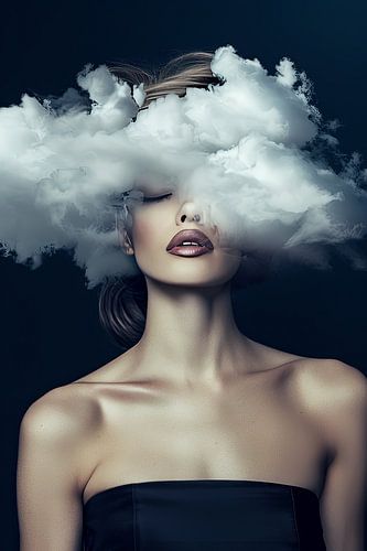vrouw met hoofd in de wolken