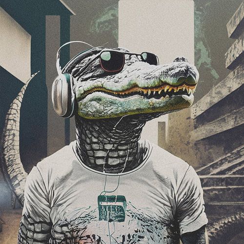 Digitaal Alligator Portret met headphones en zonnebril