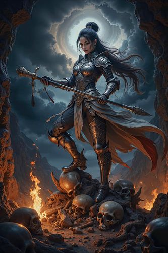 Dark Fantasy Wandbild: ZARETHYA – Die junge Kriegerin in der Höhle der Schädel