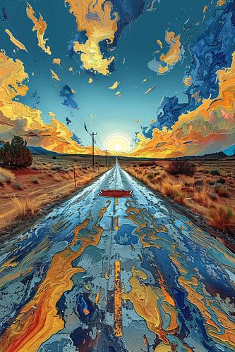 Digitale Kunst van een Weg in de Zonsondergang