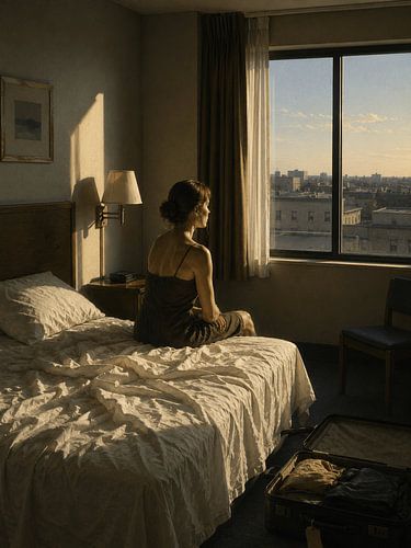 Départ solitaire dans une chambre d'hôtel baignée de soleil