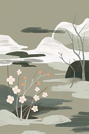 Minimalist painting with blossoms and mountains by Art & Soul Creations