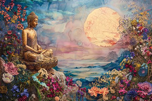 Bouddha en méditation dans un paradis fleuri