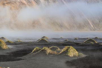 Zwarte duinen met mist in IJsland van Melissa Kuijpers