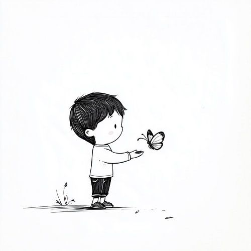 Jongen en een vlinder schets