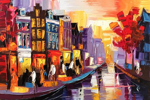 Kleurrijk stadsgezicht met water