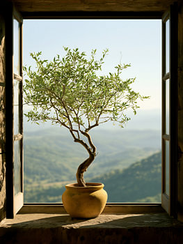 Blick aus dem offenen Fenster auf einen Olivenbaum