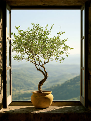 Blick aus dem offenen Fenster auf einen Olivenbaum