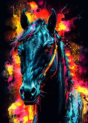 Zwarte paard neon aquarel schilderij – Krachtige dierenwanddecoratie